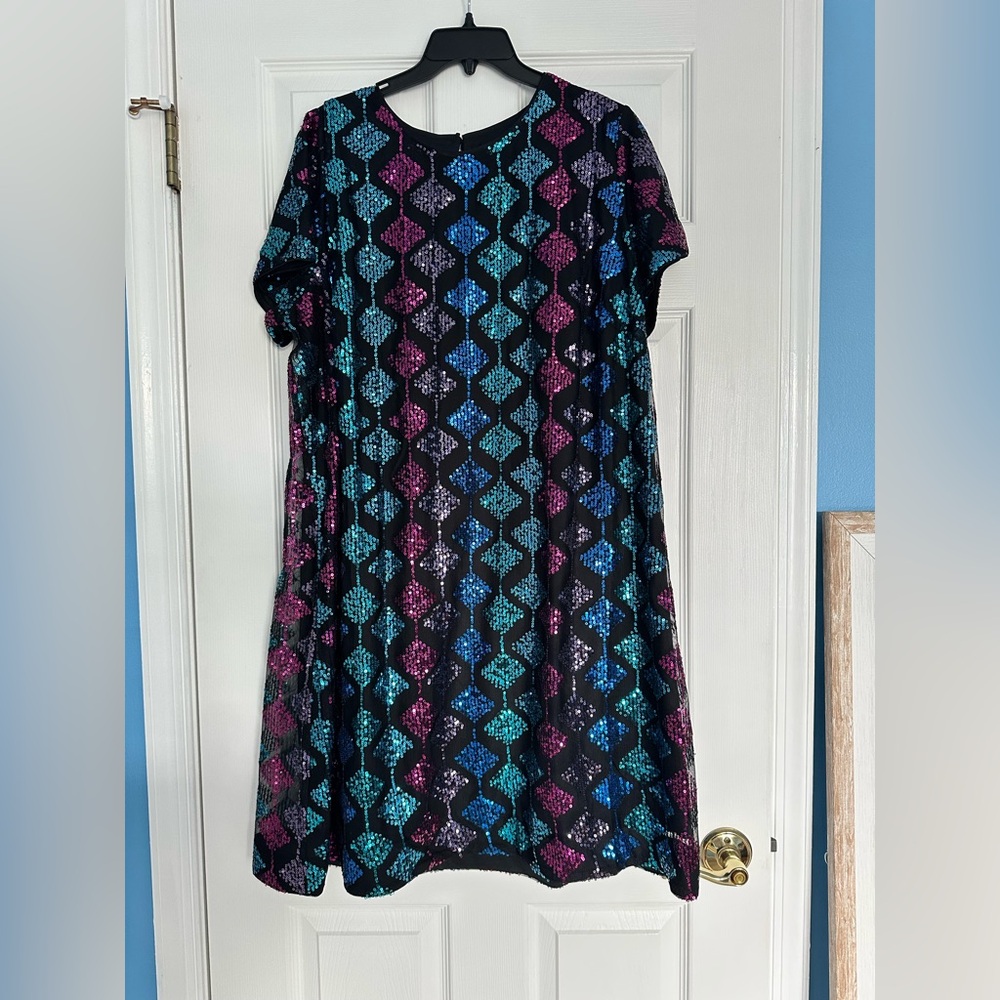 London Times Black Dress with Blue and Pink Geometric Pattern